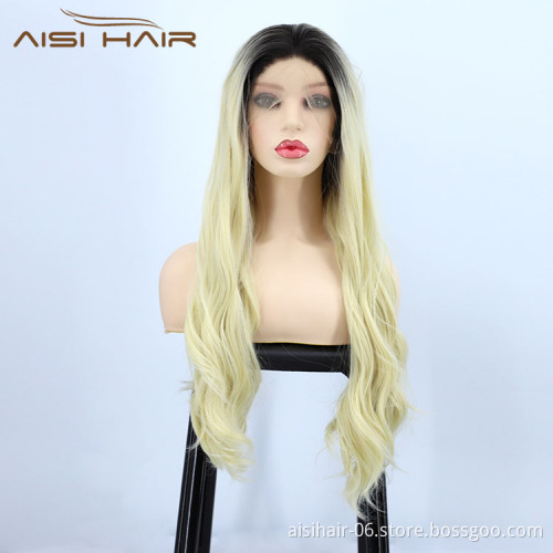 Aisi Hair Cheap Vendor Popular Long Wavy Curly Body Wave Ombre Blonde Lace Frontal Synthetic Hair For Black Women Lace Front Wig